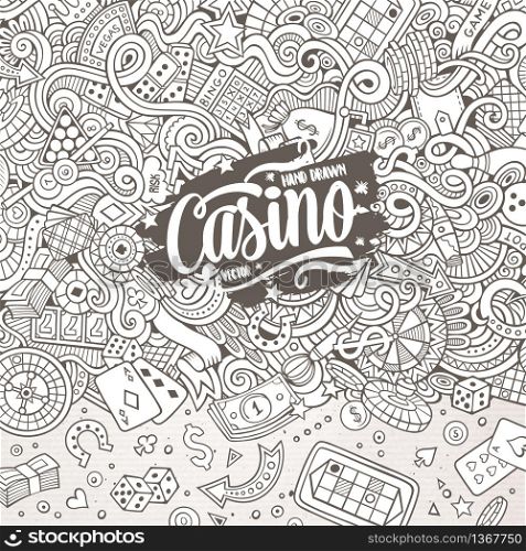 Cartoon hand-drawn doodles casino, gambling illustration. Line art detailed, with lots of objects vector design background. Cartoon hand-drawn doodles casino, gambling illustration