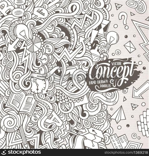 Cartoon hand-drawn doodles Concept illustration. Line art frame detailed, with lots of objects vector design background. Cartoon hand-drawn doodles Concept illustration