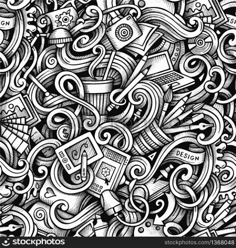 Cartoon hand-drawn doodles Design and Art seamless pattern. Line art trace detailed, with lots of objects vector background. Cartoon hand-drawn doodles Design and Art seamless pattern