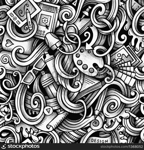 Cartoon hand-drawn doodles Design and Art seamless pattern. Line art trace detailed, with lots of objects vector background. Cartoon hand-drawn doodles Design and Art seamless pattern