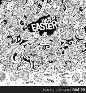 Cartoon hand-drawn doodles Happy Easter background. Colorful detailed, with lots of objects vector card design. Cartoon hand-drawn doodles Happy Easter background