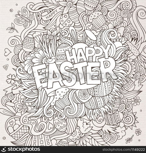 Cartoon hand-drawn doodles Happy Easter background. Line art detailed, with lots of objects vector card design. Cartoon hand-drawn doodles Happy Easter background