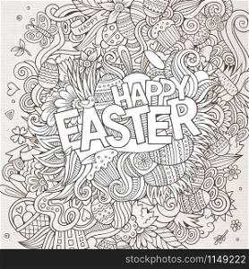 Cartoon hand-drawn doodles Happy Easter background. Line art detailed, with lots of objects vector card design. Cartoon hand-drawn doodles Happy Easter background
