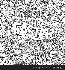 Cartoon hand-drawn doodles Happy Easter background. Line art detailed, with lots of objects vector card design. Cartoon hand-drawn doodles Happy Easter background
