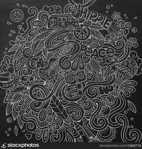 Cartoon hand-drawn doodles hippie illustration. Chalkboard detailed, with lots of objects vector background. Cartoon hand-drawn doodles hippie illustration