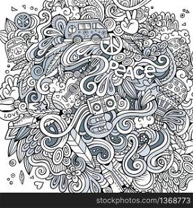 Cartoon hand-drawn doodles hippie illustration. Line art detailed, with lots of objects vector background. Cartoon hand-drawn doodles hippie illustration