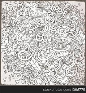 Cartoon hand-drawn doodles hippie illustration. Line art detailed, with lots of objects vector background. Cartoon hand-drawn doodles hippie illustration