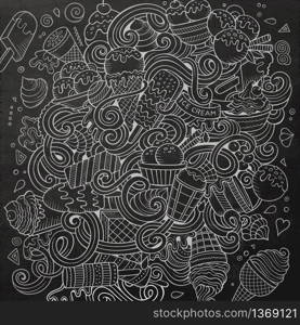 Cartoon hand-drawn doodles Ice Cream illustration. Chalkboard detailed, with lots of objects vector design background. Cartoon hand-drawn doodles Ice Cream illustration