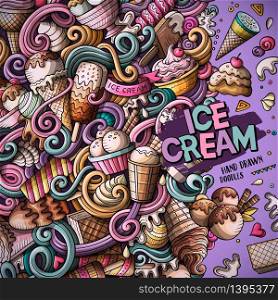 Cartoon hand-drawn doodles Ice Cream illustration. Colorful frame detailed, with lots of objects vector design background. Cartoon hand-drawn doodles Ice Cream frame