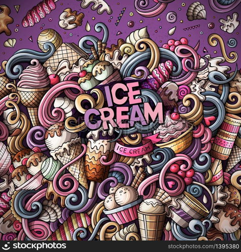 Cartoon hand-drawn doodles Ice Cream illustration. Colorful frame detailed, with lots of objects vector design background. Cartoon hand-drawn doodles Ice Cream frame