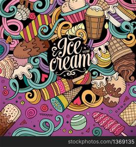 Cartoon hand drawn doodles Ice Cream illustration. Line art colorful detailed, with lots of objects vector design background. Cartoon hand-drawn doodles Ice Cream illustration