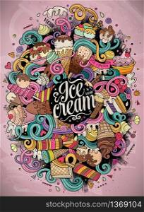 Cartoon hand-drawn doodles Ice Cream illustration. Line art colorful detailed, with lots of objects vector design background. Cartoon hand-drawn doodles Ice Cream illustration
