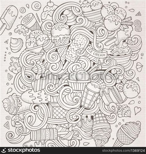Cartoon hand-drawn doodles Ice Cream illustration. Line art detailed, with lots of objects vector design background. Cartoon hand-drawn doodles Ice Cream illustration