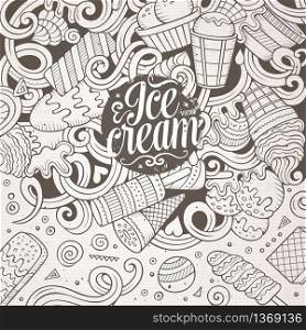 Cartoon hand-drawn doodles Ice Cream illustration. Line art detailed, with lots of objects vector design background. Cartoon hand-drawn doodles Ice Cream illustration