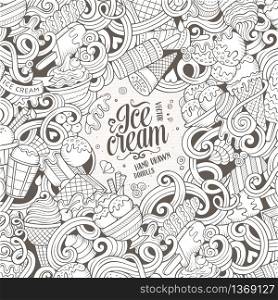 Cartoon hand-drawn doodles Ice Cream illustration. Line art frame detailed, with lots of objects vector design background. Cartoon hand-drawn doodles Ice Cream frame