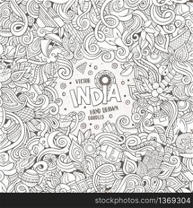 Cartoon hand-drawn doodles India illustration. Line art frame detailed, with lots of objects vector design background. Cartoon hand-drawn doodles India illustration