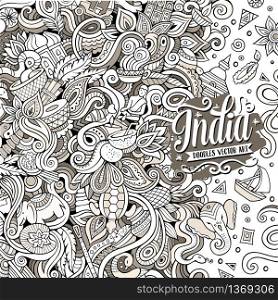Cartoon hand-drawn doodles India illustration. Line art frame detailed, with lots of objects vector design background. Cartoon hand-drawn doodles India illustration