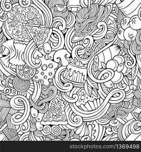 Cartoon hand-drawn doodles Italian cuisine seamless pattern. Line art detailed, with lots of objects vector background. Cartoon doodles of italian cuisine seamless pattern