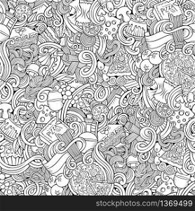 Cartoon hand-drawn doodles Italian cuisine seamless pattern. Line art detailed, with lots of objects vector background. Cartoon doodles of italian cuisine seamless pattern