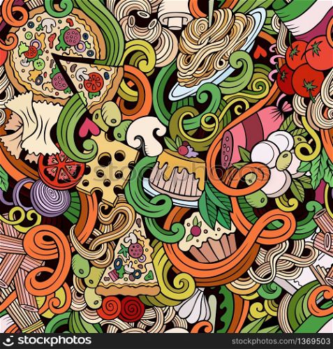 Cartoon hand-drawn doodles Italian cuisine seamless pattern. Colorful detailed, with lots of objects vector background. Cartoon doodles of italian cuisine seamless pattern