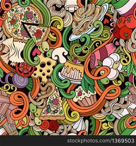 Cartoon hand-drawn doodles Italian cuisine seamless pattern. Colorful detailed, with lots of objects vector background. Cartoon doodles of italian cuisine seamless pattern