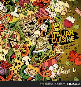 Cartoon hand-drawn doodles Italian food illustration. Colorful detailed, with lots of objects vector design background. Cartoon hand-drawn doodles Italian food illustration