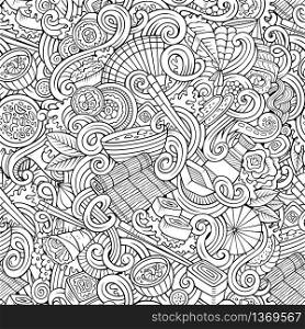 Cartoon hand-drawn doodles japanese cuisine seamless pattern. Line art detailed, with lots of objects vector background. Cartoon hand-drawn doodles of japanese cuisine seamless pattern