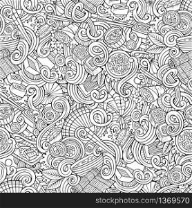 Cartoon hand-drawn doodles japanese cuisine seamless pattern. Line art detailed, with lots of objects vector background. Cartoon hand-drawn doodles of japanese cuisine seamless pattern