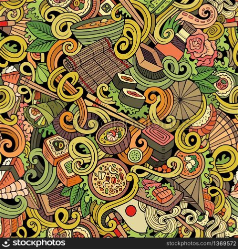 Cartoon hand-drawn doodles japanese cuisine seamless pattern. Colorful detailed, with lots of objects vector background. Cartoon hand-drawn doodles of japanese cuisine seamless pattern