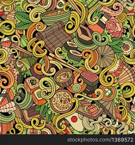 Cartoon hand-drawn doodles japanese cuisine seamless pattern. Colorful detailed, with lots of objects vector background. Cartoon hand-drawn doodles of japanese cuisine seamless pattern
