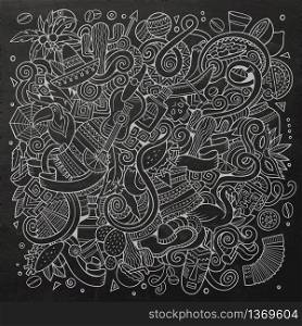 Cartoon hand-drawn doodles Latin American illustration. Chalkboard detailed, with lots of objects vector background. Cartoon hand-drawn doodles Latin American illustration. Line art