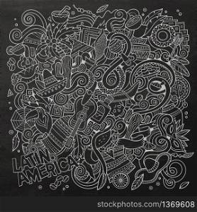 Cartoon hand-drawn doodles Latin American illustration. Chalkboard detailed, with lots of objects vector background. Cartoon hand-drawn doodles Latin American illustration. Chalkboa