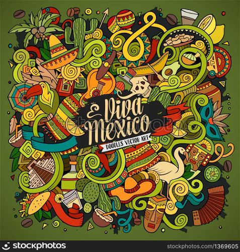 Cartoon hand-drawn doodles Latin American illustration. detailed, with lots of objects vector background. Cartoon hand-drawn doodles Latin American illustration