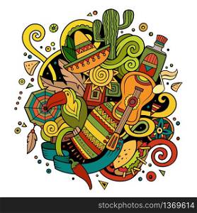Cartoon hand-drawn doodles Latin American illustration. detailed, with lots of objects vector background. Cartoon hand-drawn doodles Latin American illustration