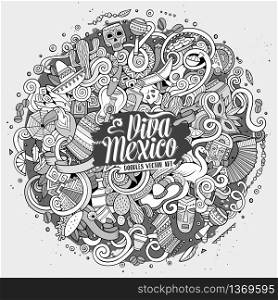 Cartoon hand-drawn doodles Latin American illustration. Line art detailed, with lots of objects vector background. Cartoon hand-drawn doodles Latin American illustration