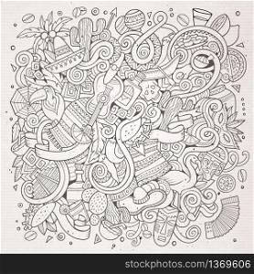 Cartoon hand-drawn doodles Latin American illustration. Line art detailed, with lots of objects vector background. Cartoon hand-drawn doodles Latin American illustration. Line art