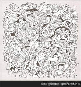 Cartoon hand-drawn doodles Latin American illustration. Line art detailed, with lots of objects vector background. Cartoon hand-drawn doodles Latin American illustration. Line art