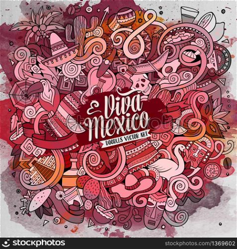 Cartoon hand-drawn doodles Latin American illustration. Line art watercolor detailed, with lots of objects vector background. Cartoon hand-drawn doodles Latin American illustration
