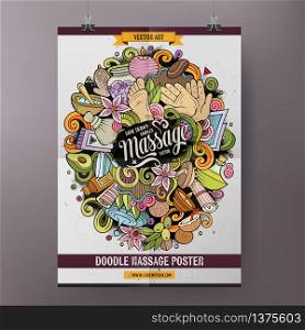 Cartoon hand drawn doodles Massage salon poster template. Very detailed, with lots of objects illustration. Funny vector artwork. Corporate identity design. Cartoon hand drawn doodles Massage salon poster template