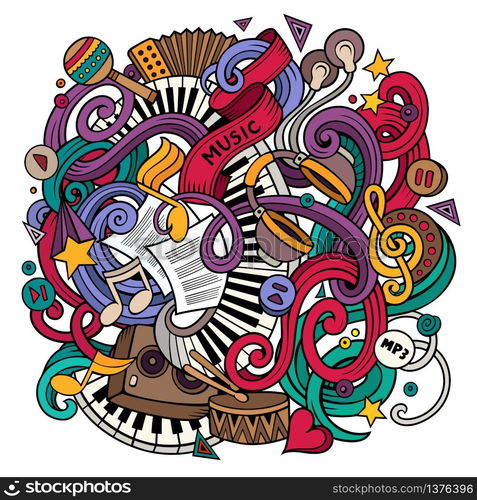 Cartoon hand-drawn doodles Musical illustration. Colorful detailed, with lots of objects vector background. Cartoon hand-drawn doodles Musical illustration