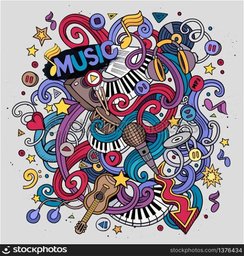 Cartoon hand-drawn doodles Musical illustration. Colorful detailed, with lots of objects vector background. Cartoon hand-drawn doodles Musical illustration