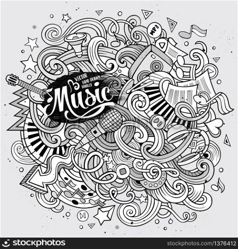 Cartoon hand-drawn doodles Musical illustration. Line art detailed, with lots of objects vector background. Cartoon hand-drawn doodles Musical illustration