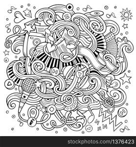 Cartoon hand-drawn doodles Musical illustration. Line art detailed, with lots of objects vector background. Cartoon hand-drawn doodles Musical illustration. Line art vector background