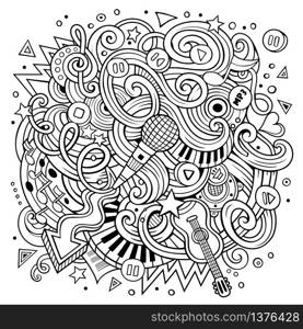 Cartoon hand-drawn doodles Musical illustration. Line art detailed, with lots of objects vector background. Cartoon hand-drawn doodles Musical illustration. Line art vector background