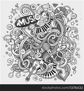Cartoon hand-drawn doodles Musical illustration. Line art detailed, with lots of objects vector background. Cartoon hand-drawn doodles Musical illustration