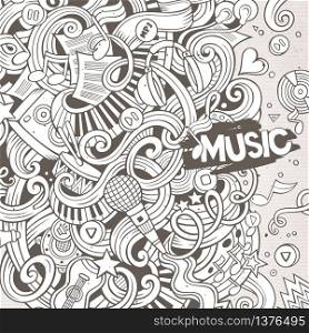 Cartoon hand-drawn doodles Musical illustration. Sketchy line art detailed, with lots of objects vector background. Cartoon hand-drawn doodles Musical illustration