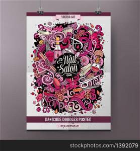 Cartoon hand drawn doodles Nail salon poster template. Very detailed, with lots of objects illustration. Funny vector artwork. Corporate identity design. Cartoon hand drawn doodles Nail salon poster
