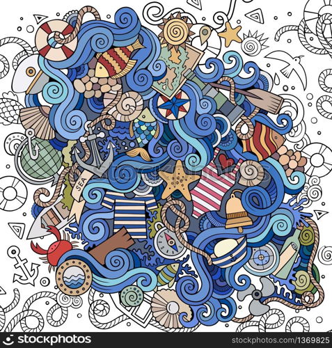 Cartoon hand-drawn doodles nautical, marine illustration. Colorful detailed, with lots of objects vector background. Cartoon hand-drawn doodles nautical, marine illustration