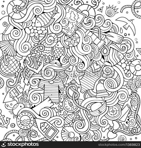 Cartoon hand-drawn doodles nautical, marine illustration. Sketchy detailed, with lots of objects vector background. Cartoon hand-drawn doodles nautical, marine illustration