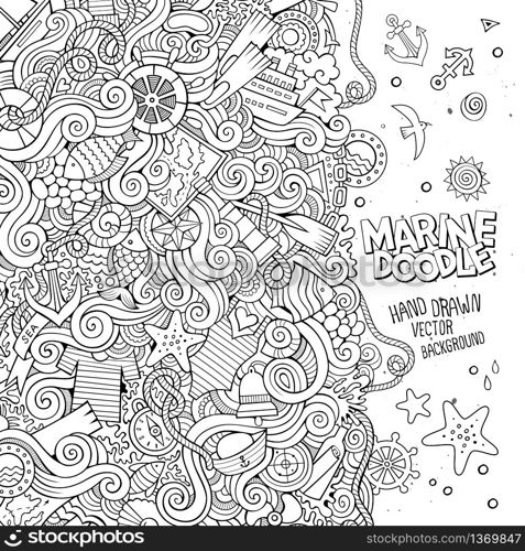 Cartoon hand-drawn doodles nautical, marine illustration. Sketchy detailed, with lots of objects vector background. Cartoon hand-drawn doodles nautical, marine illustration